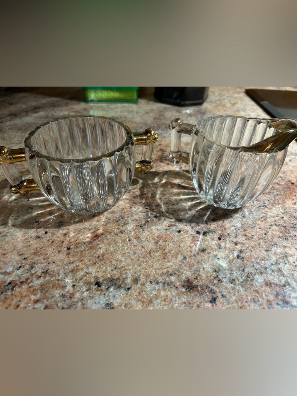 Jeannette Glass “National” Pattern Sugar&Creamer Set Hobnail Bead base 22K trim.
